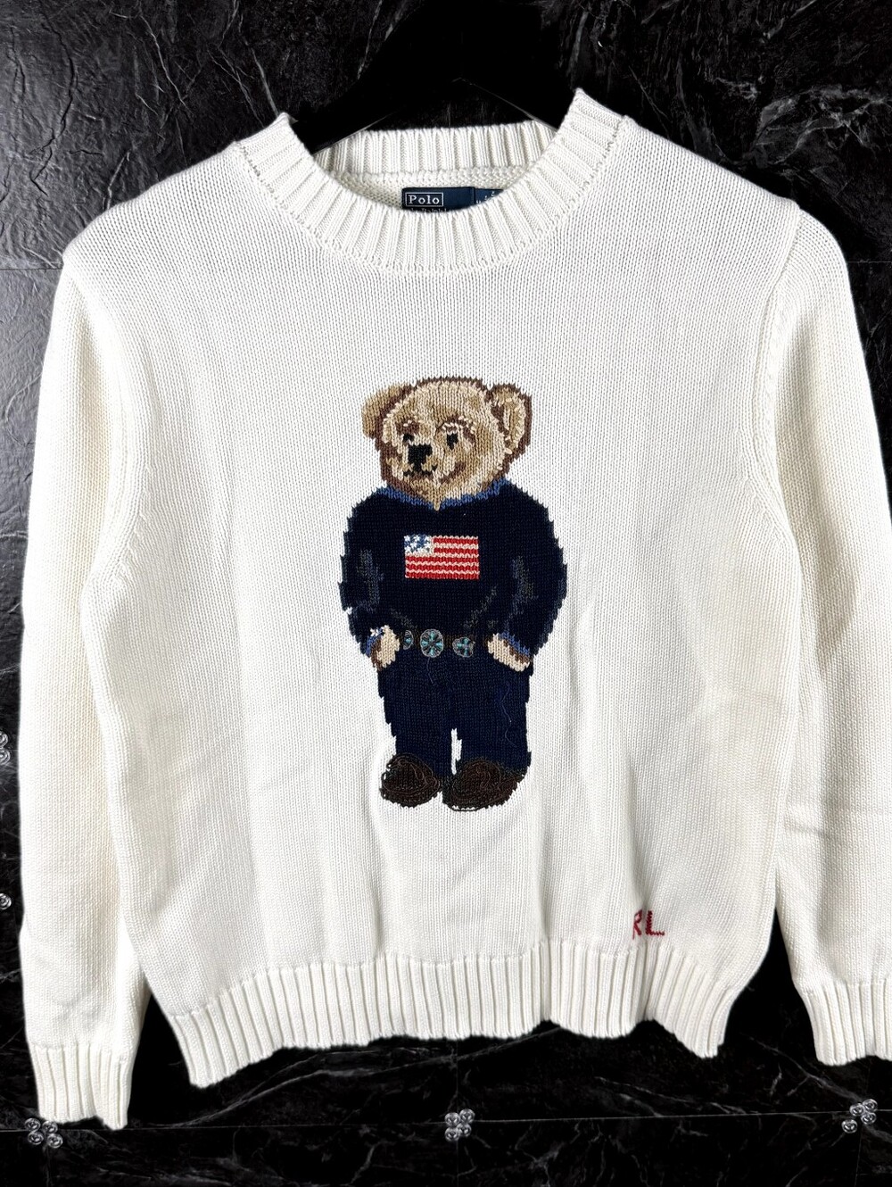 Polo Ralph Lauren Women's White USA Polo Bear Knit Sweater Medium